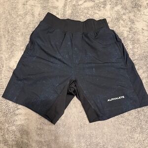 ALPHALETE Mens Athletic Shorts Black Blue Textured Print Size S Gym Workout‎